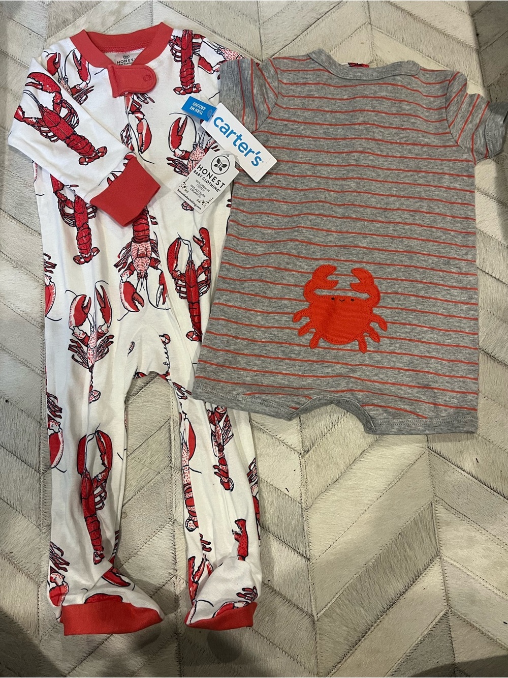 NWT Seaside Baby Bundle: Lobster Print Pajamas & Stripe Crab Romper